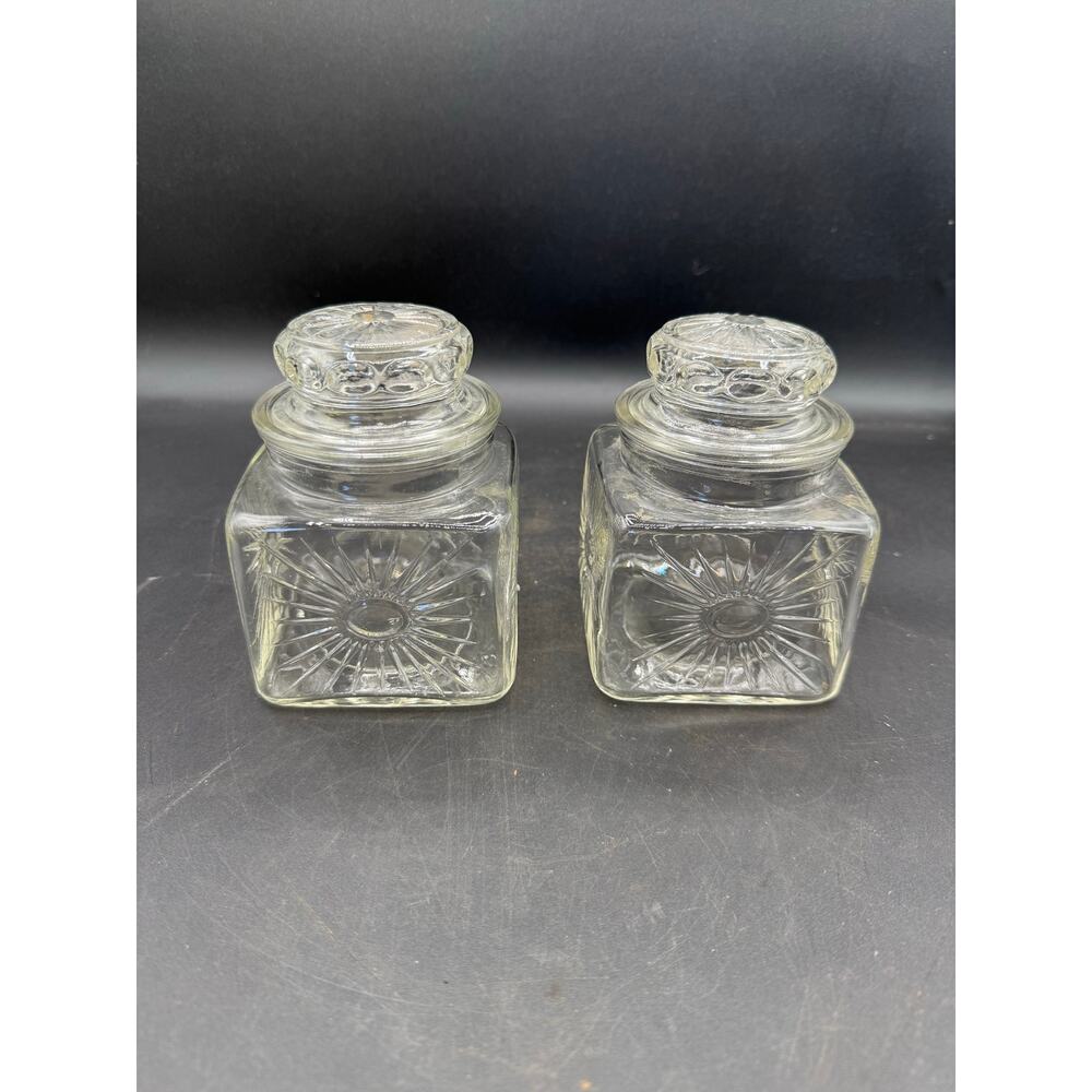 Vintage Square Sunburst Lidded Glass Vanity Jars - Set of 2